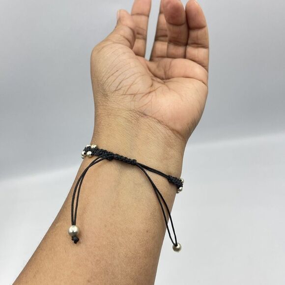 Braided Bracelet Black With Silver Beads and Sliding Closure - Picture 3 of 9